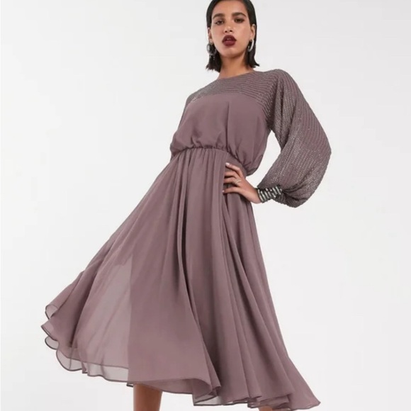 ASOS Dresses & Skirts - NWT ASOS Design Mauve Purple Long Sleeve Beaded Embellished Midi Dress